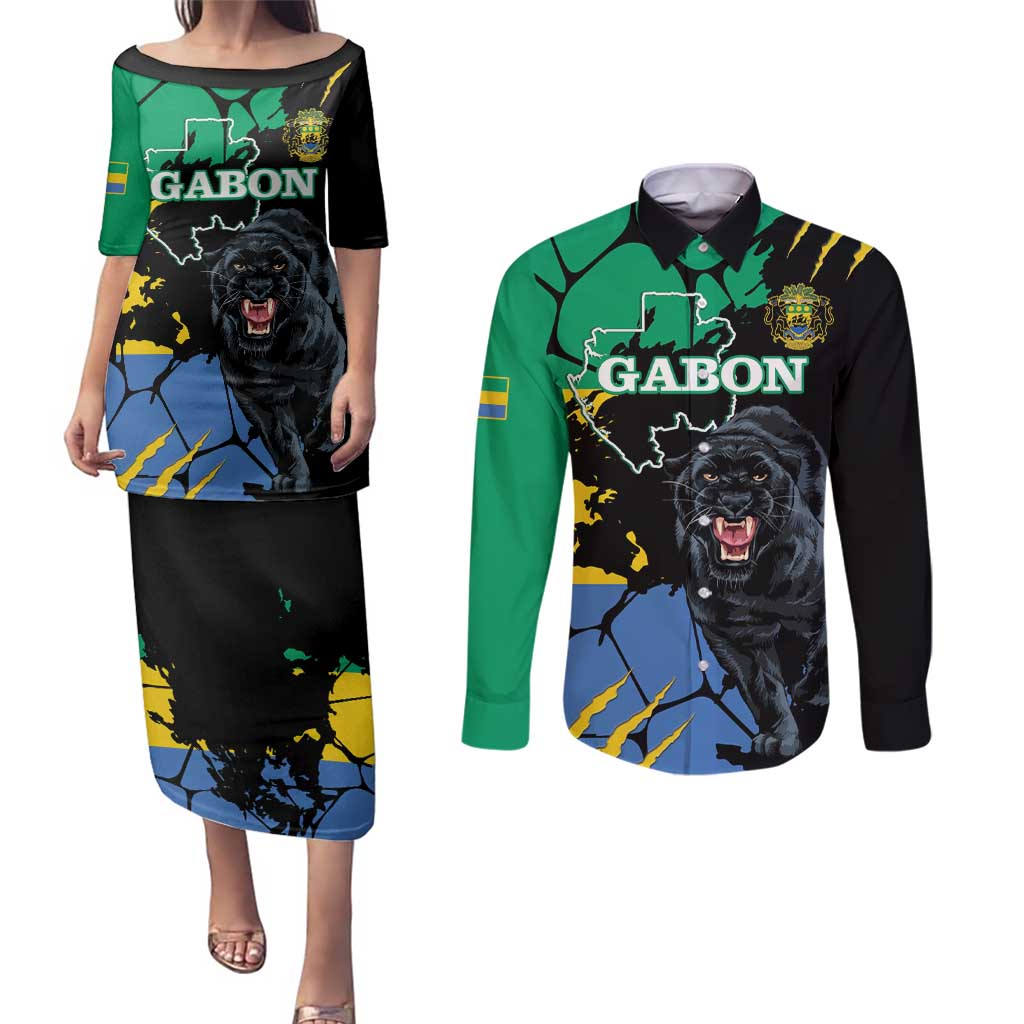 Personaliszd Gabon Couples Matching Puletasi and Long Sleeve Button Shirt Gabonese Black Panther With Map - Wonder Print Shop