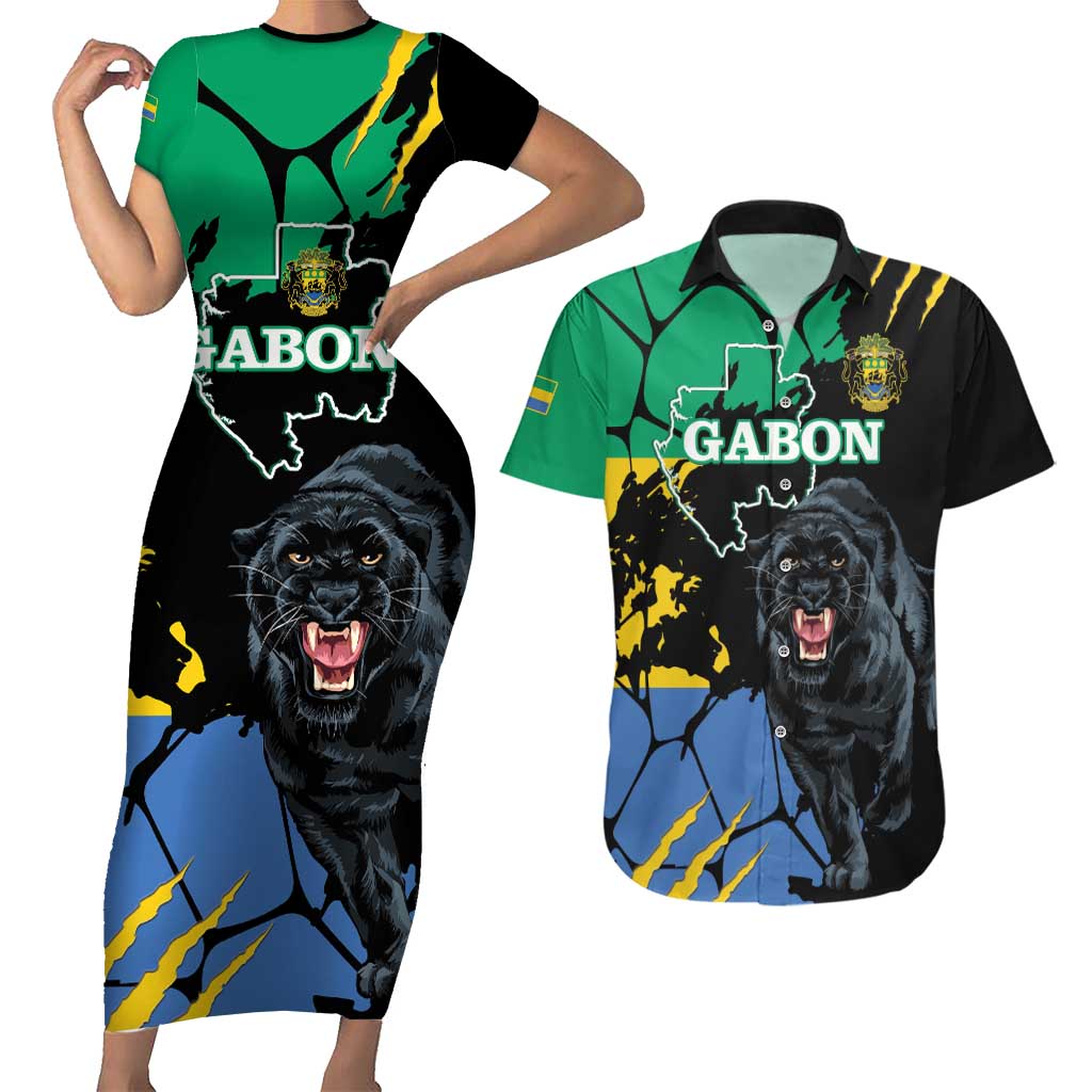 Personaliszd Gabon Couples Matching Short Sleeve Bodycon Dress and Hawaiian Shirt Gabonese Black Panther With Map - Wonder Print Shop