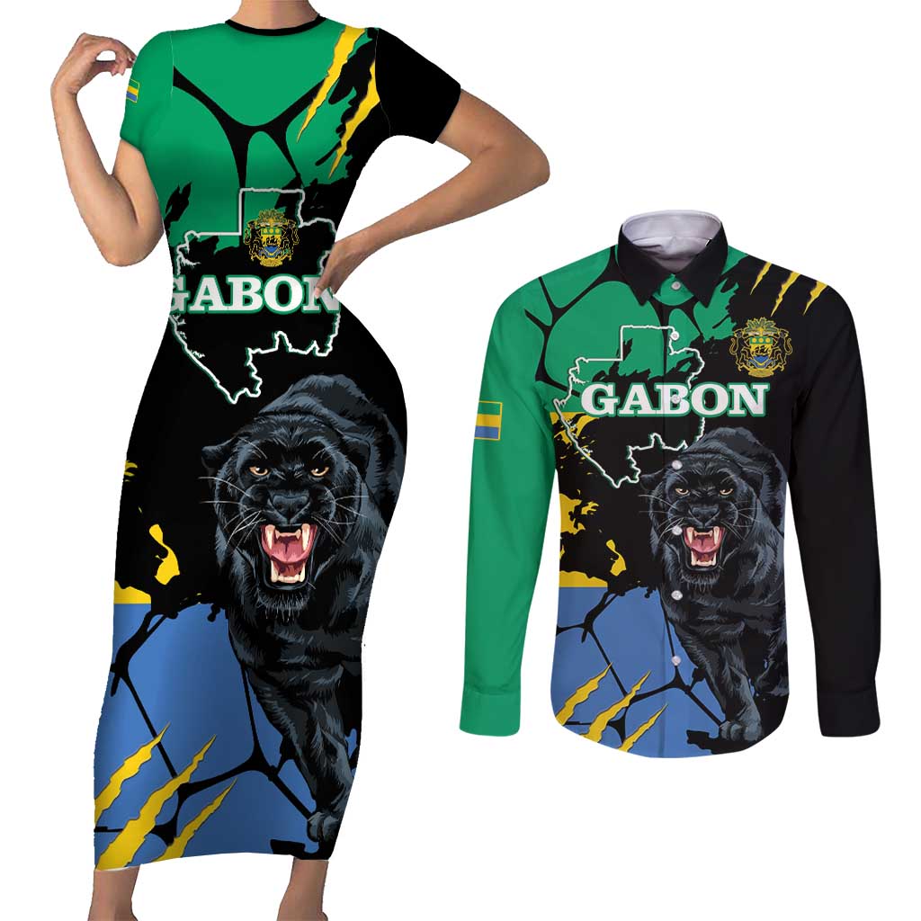 Personaliszd Gabon Couples Matching Short Sleeve Bodycon Dress and Long Sleeve Button Shirt Gabonese Black Panther With Map - Wonder Print Shop