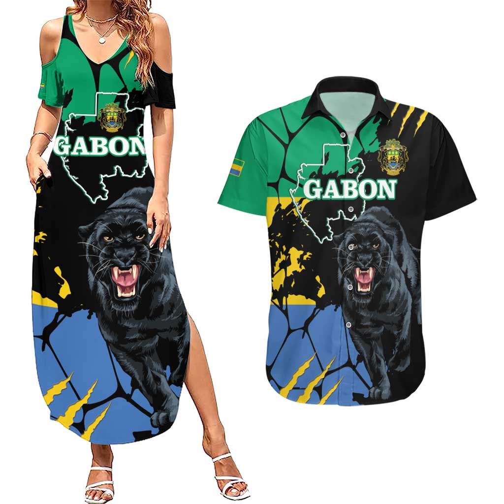 Personaliszd Gabon Couples Matching Summer Maxi Dress and Hawaiian Shirt Gabonese Black Panther With Map - Wonder Print Shop