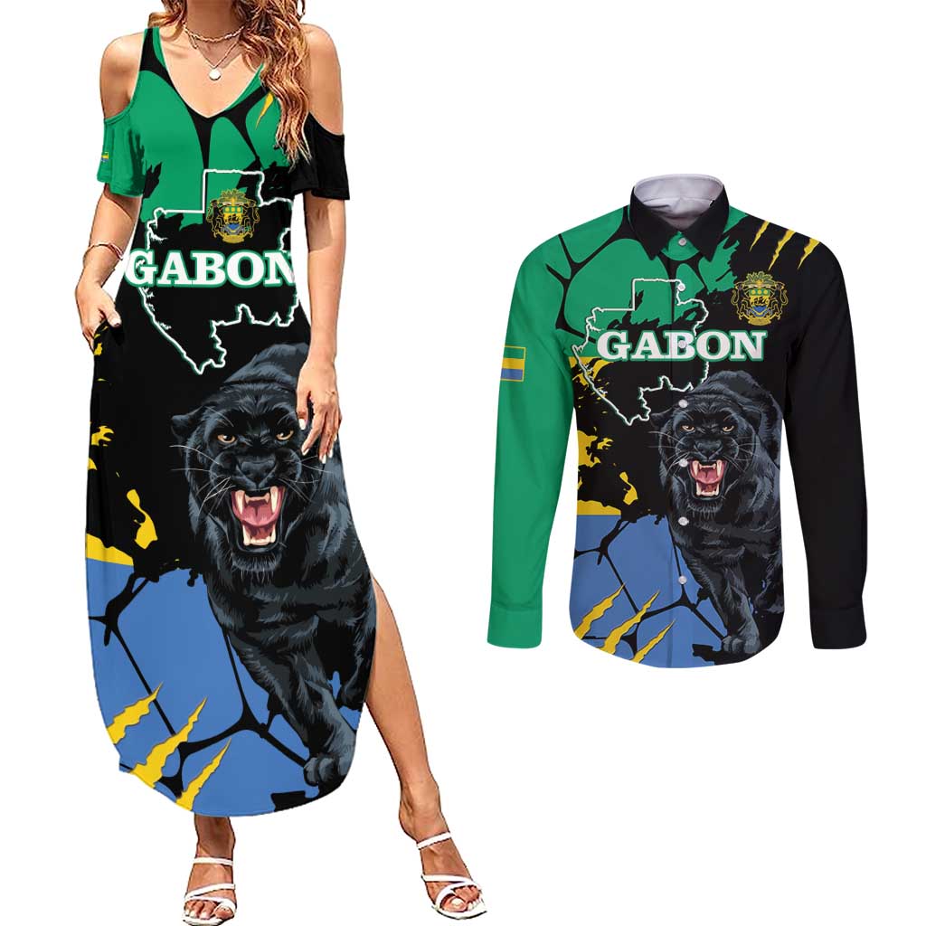 Personaliszd Gabon Couples Matching Summer Maxi Dress and Long Sleeve Button Shirt Gabonese Black Panther With Map - Wonder Print Shop