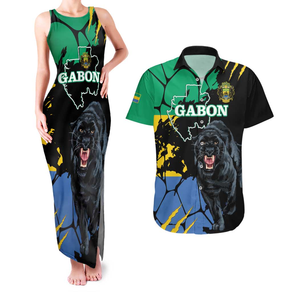 Personaliszd Gabon Couples Matching Tank Maxi Dress and Hawaiian Shirt Gabonese Black Panther With Map - Wonder Print Shop