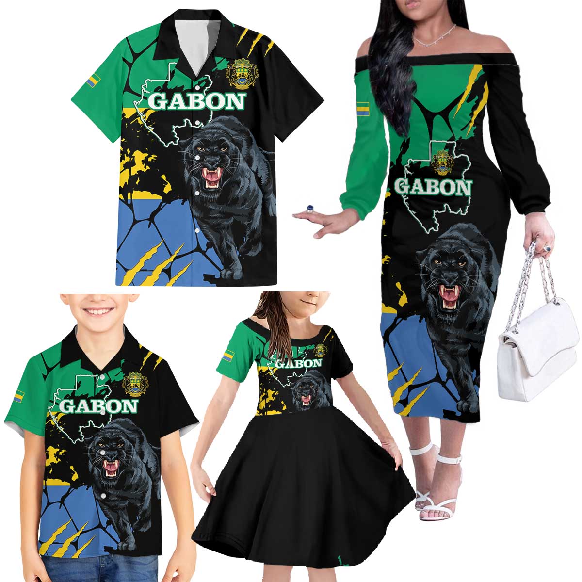 Personaliszd Gabon Family Matching Off The Shoulder Long Sleeve Dress and Hawaiian Shirt Gabonese Black Panther With Map - Wonder Print Shop