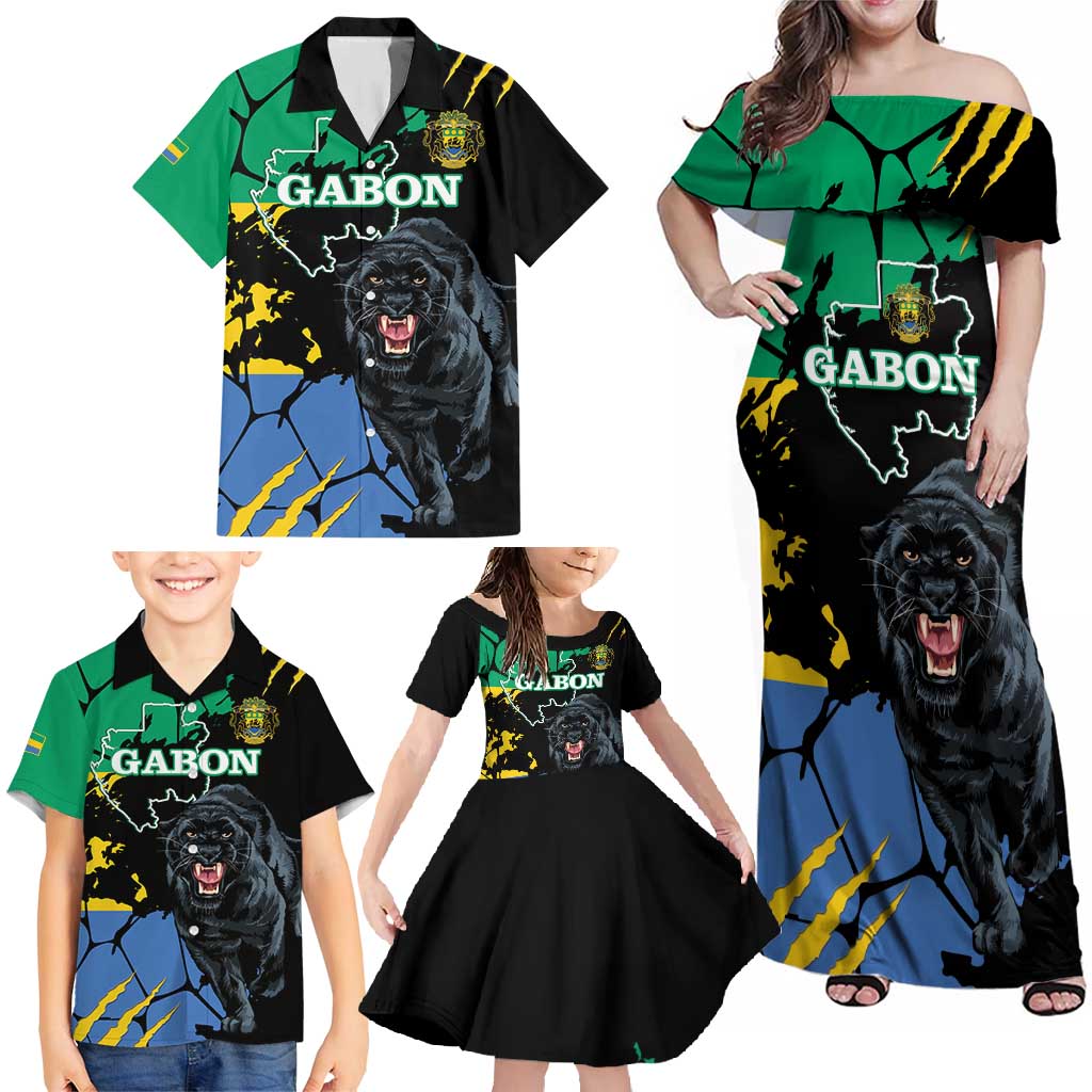 Personaliszd Gabon Family Matching Off Shoulder Maxi Dress and Hawaiian Shirt Gabonese Black Panther With Map - Wonder Print Shop