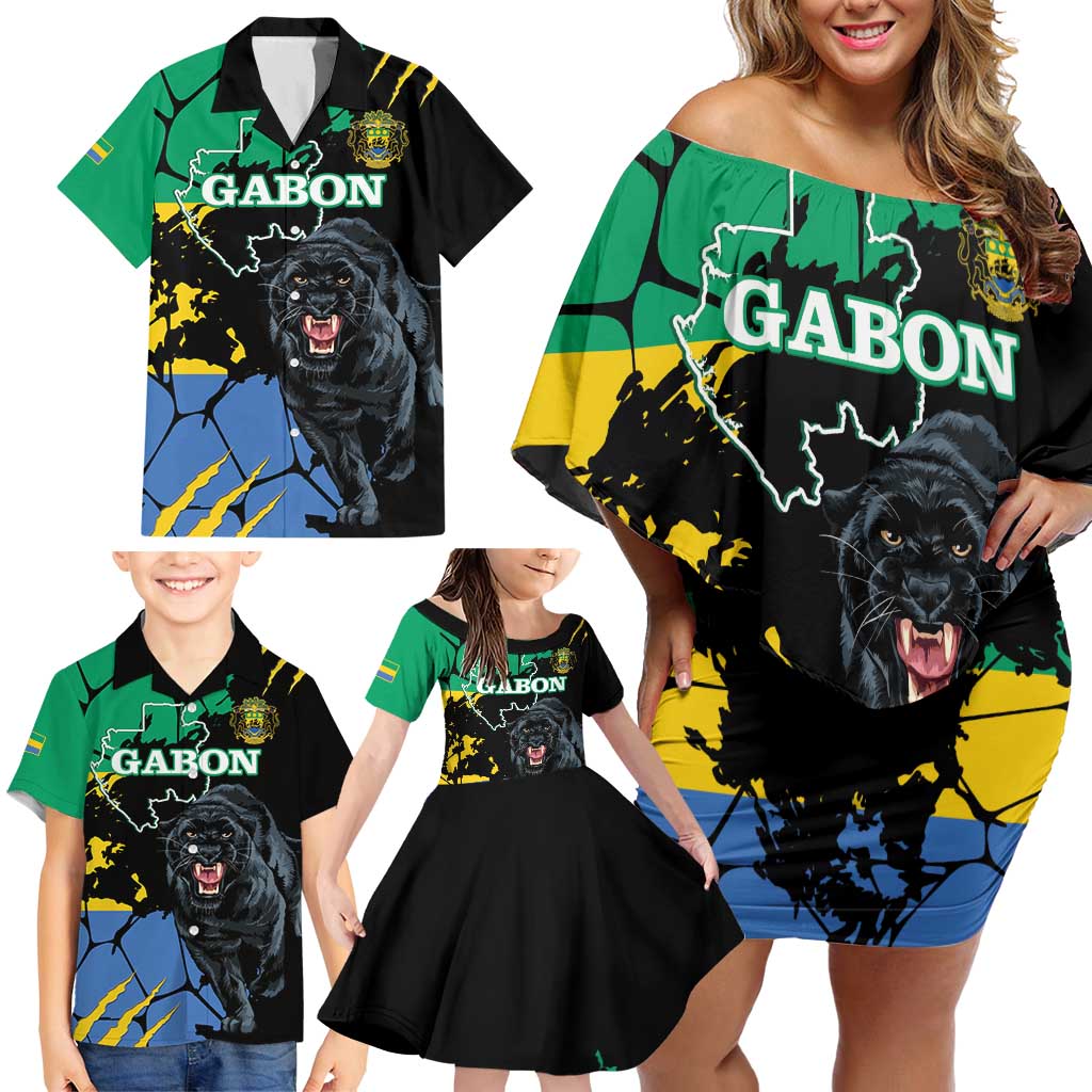 Personaliszd Gabon Family Matching Off Shoulder Short Dress and Hawaiian Shirt Gabonese Black Panther With Map - Wonder Print Shop