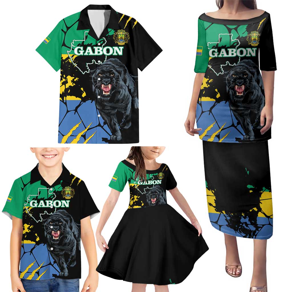 Personaliszd Gabon Family Matching Puletasi and Hawaiian Shirt Gabonese Black Panther With Map - Wonder Print Shop