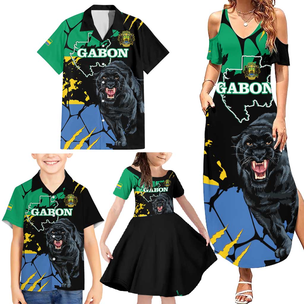 Personaliszd Gabon Family Matching Summer Maxi Dress and Hawaiian Shirt Gabonese Black Panther With Map - Wonder Print Shop