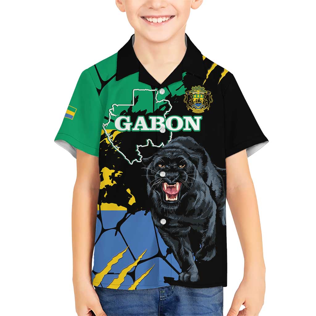 Personaliszd Gabon Kid Hawaiian Shirt Gabonese Black Panther With Map - Wonder Print Shop