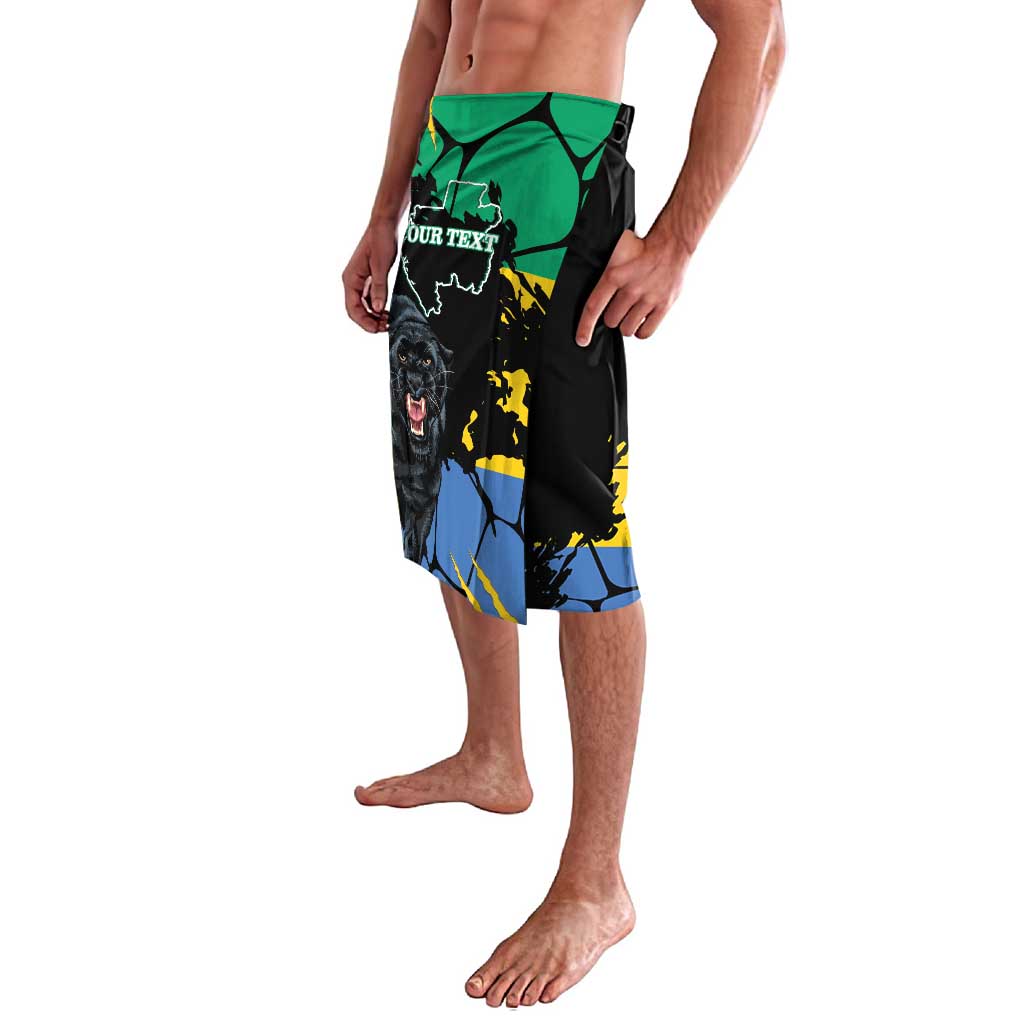 Black lavalava with Gabon map and panther print in green-yellow-blue, side view