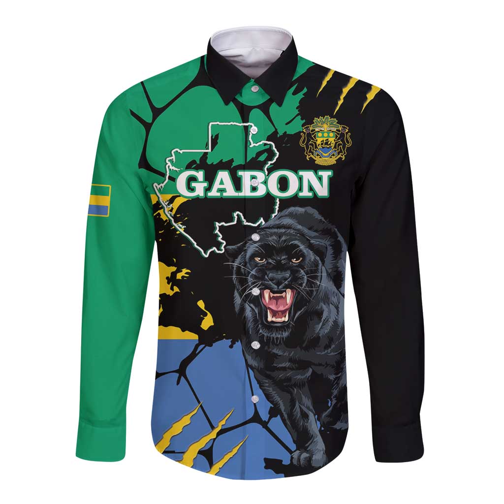 Long sleeve button shirt with black and green panels, roaring panther and map graphic