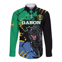 Long sleeve button shirt with black and green panels, roaring panther and map graphic