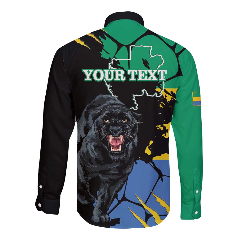 Long sleeve button shirt with rear green-and-black panther, map print, and YOURTEXT