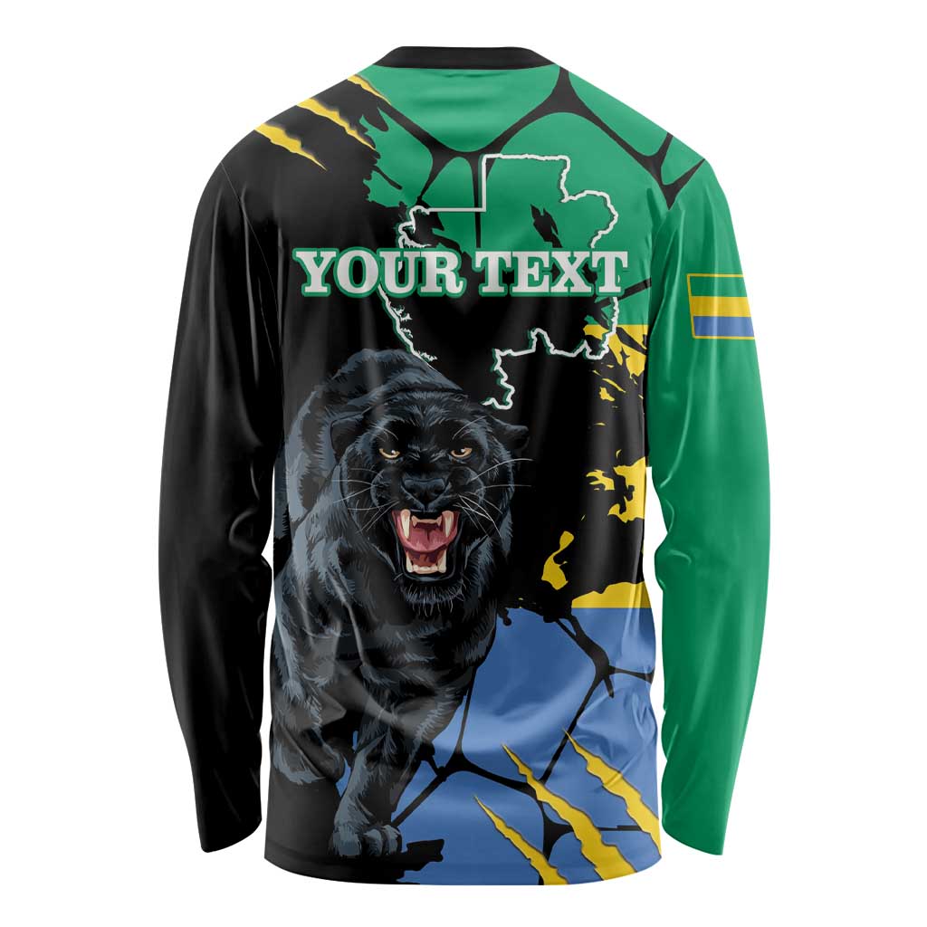 Black long-sleeve shirt with back print: Your Text, Gabon map and roaring panther