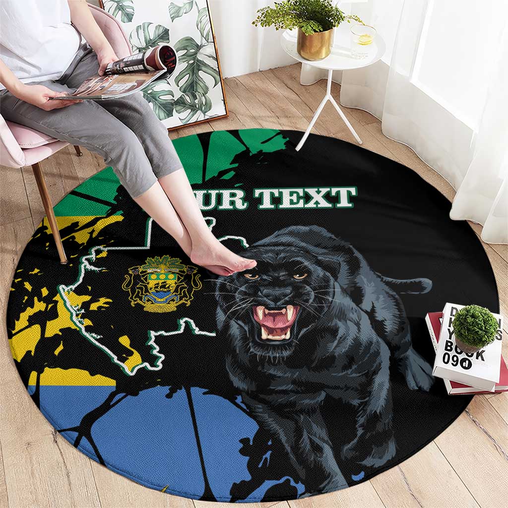 Round black rug with roaring panther and world map graphic, “YOUR TEXT” near center