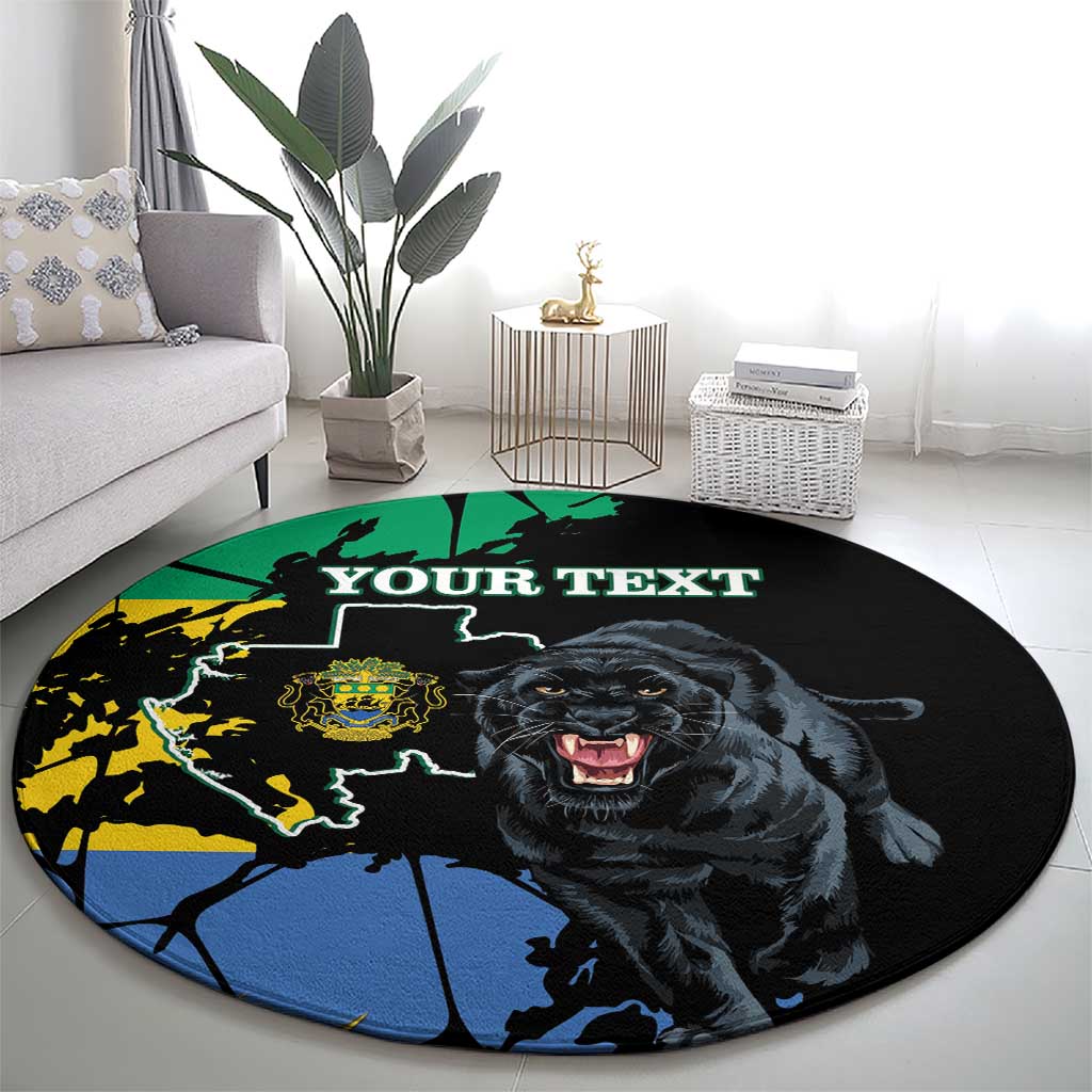Round black rug with roaring panther, world map art, and “YOUR TEXT” at center