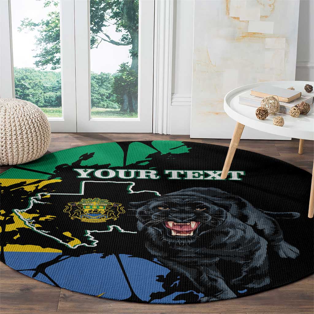 Round black rug with roaring black panther, world map graphic, and “YOUR TEXT”