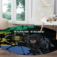 Round black rug with roaring black panther, world map graphic, and “YOUR TEXT”