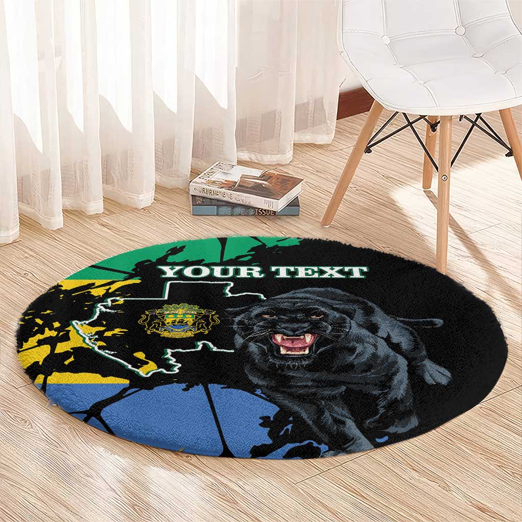 Round black rug with panther face and world map design, “YOUR TEXT” across top