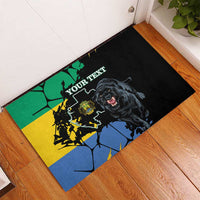 Corner view of black rubber doormat with colorful map, roaring black panther, 'YOUR TEXT'