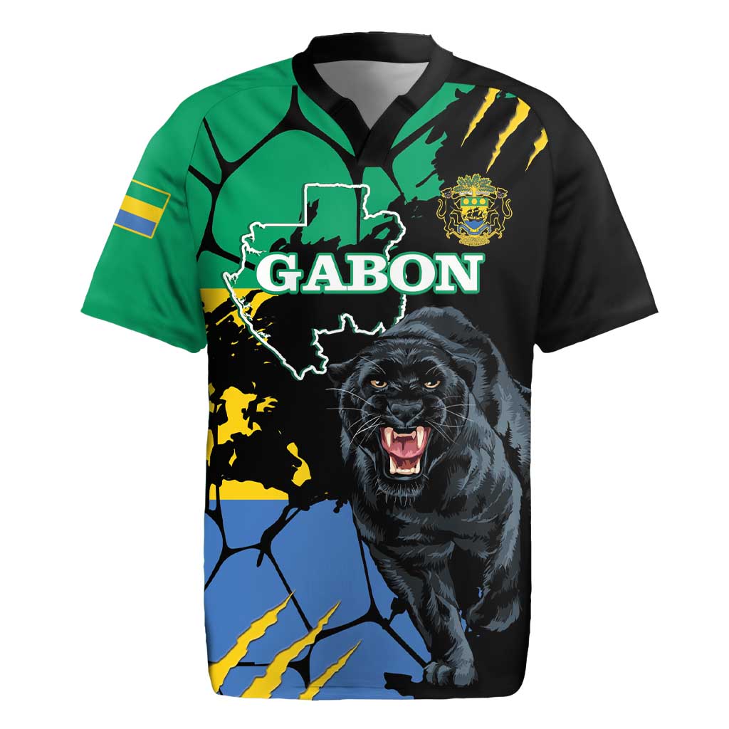 Personaliszd Gabon Rugby Jersey Gabonese Black Panther With Map - Wonder Print Shop