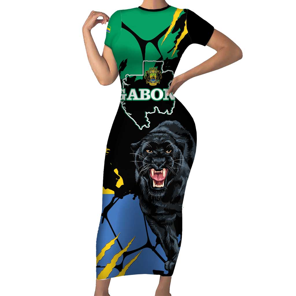 Personaliszd Gabon Short Sleeve Bodycon Dress Gabonese Black Panther With Map - Wonder Print Shop