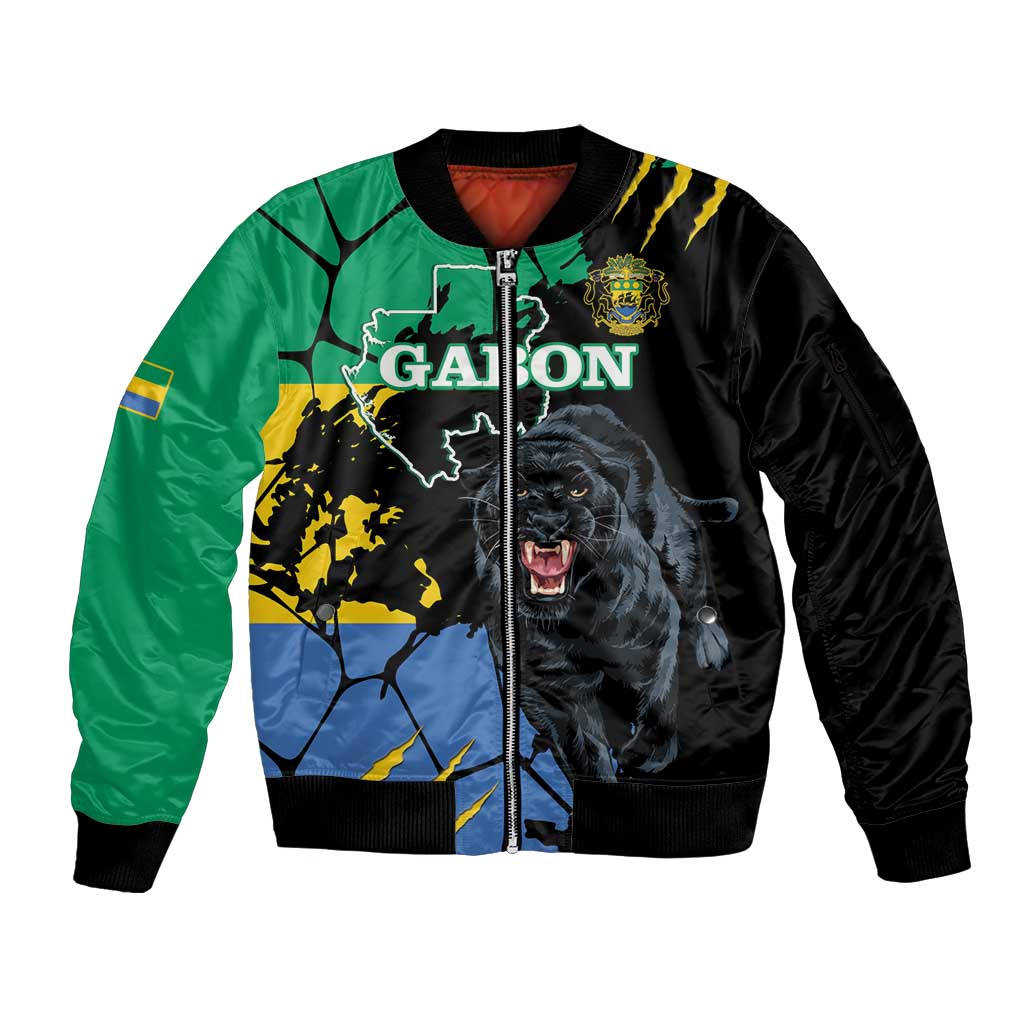 Personaliszd Gabon Sleeve Zip Bomber Jacket Gabonese Black Panther With Map - Wonder Print Shop