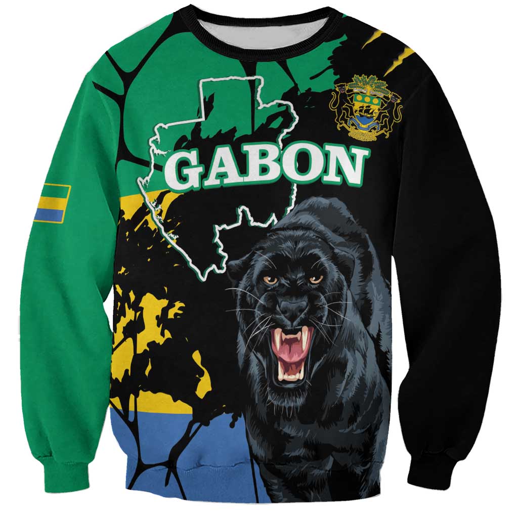 Unisex black and green sweatshirt with Gabon map and roaring black panther graphic