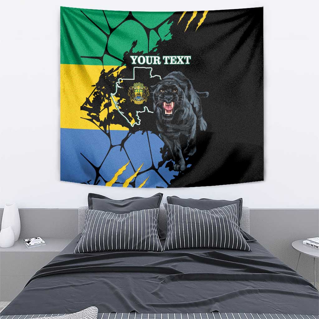 Wall tapestry with roaring black panther, Gabon map outline, and custom text on dark green/yellow.