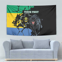 Wall-hanging tapestry showing roaring black panther, Gabon map outline, and custom text.