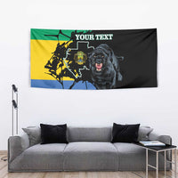 Wall-hanging tapestry featuring roaring black panther, Gabon map outline, and custom text.