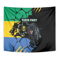 Close-up wall tapestry with roaring black panther and Gabon map outline, custom text.