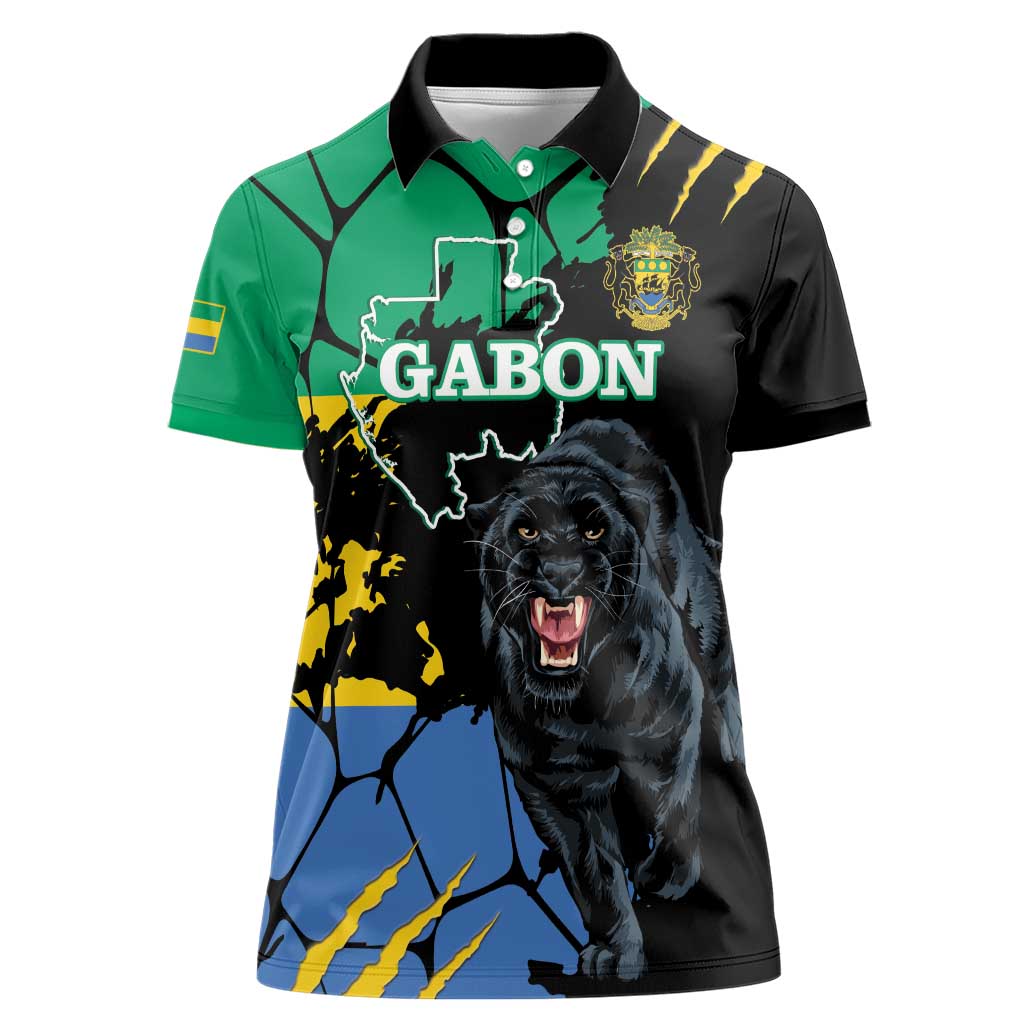 Personaliszd Gabon Women Polo Shirt Gabonese Black Panther With Map - Wonder Print Shop