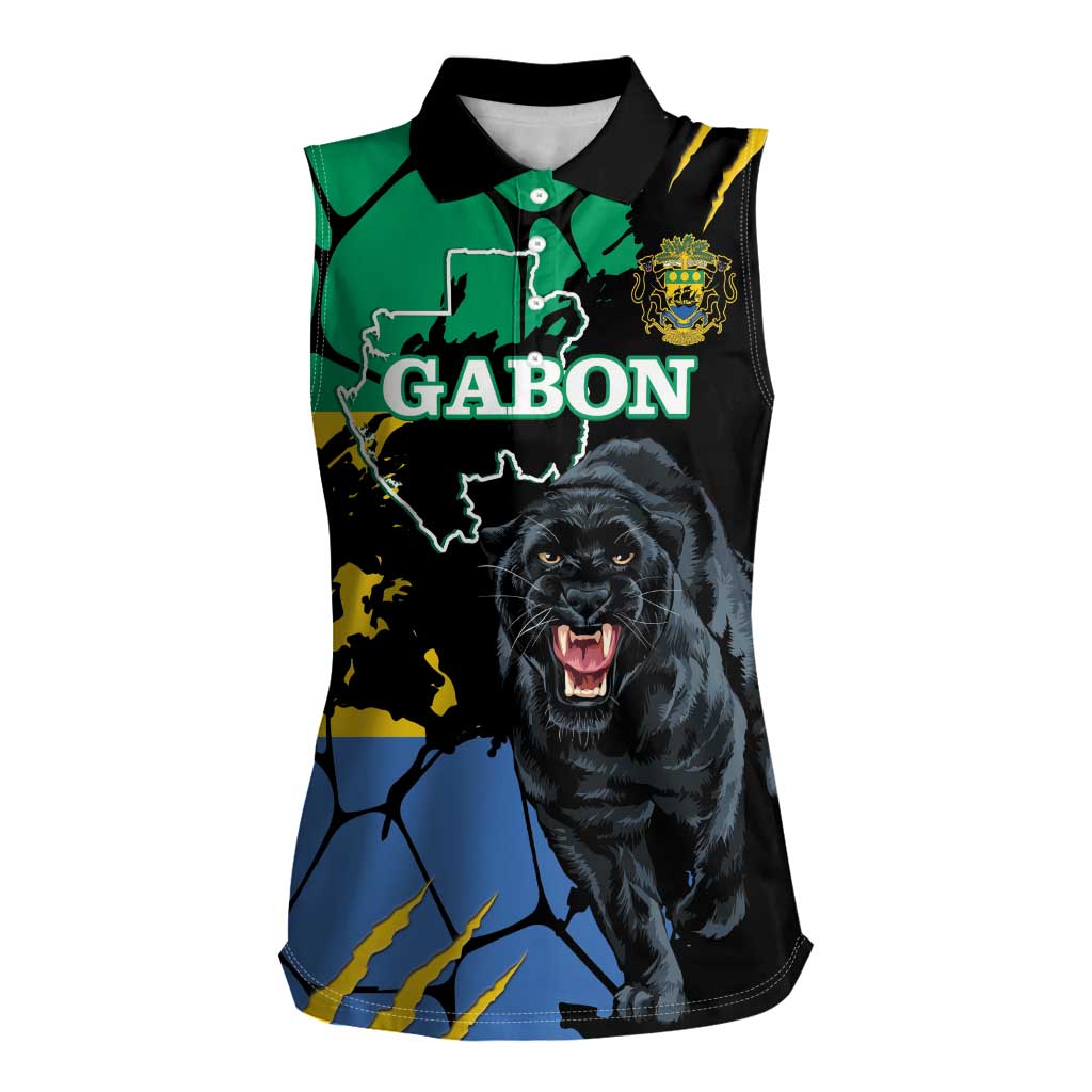 Personaliszd Gabon Women Sleeveless Polo Shirt Gabonese Black Panther With Map - Wonder Print Shop