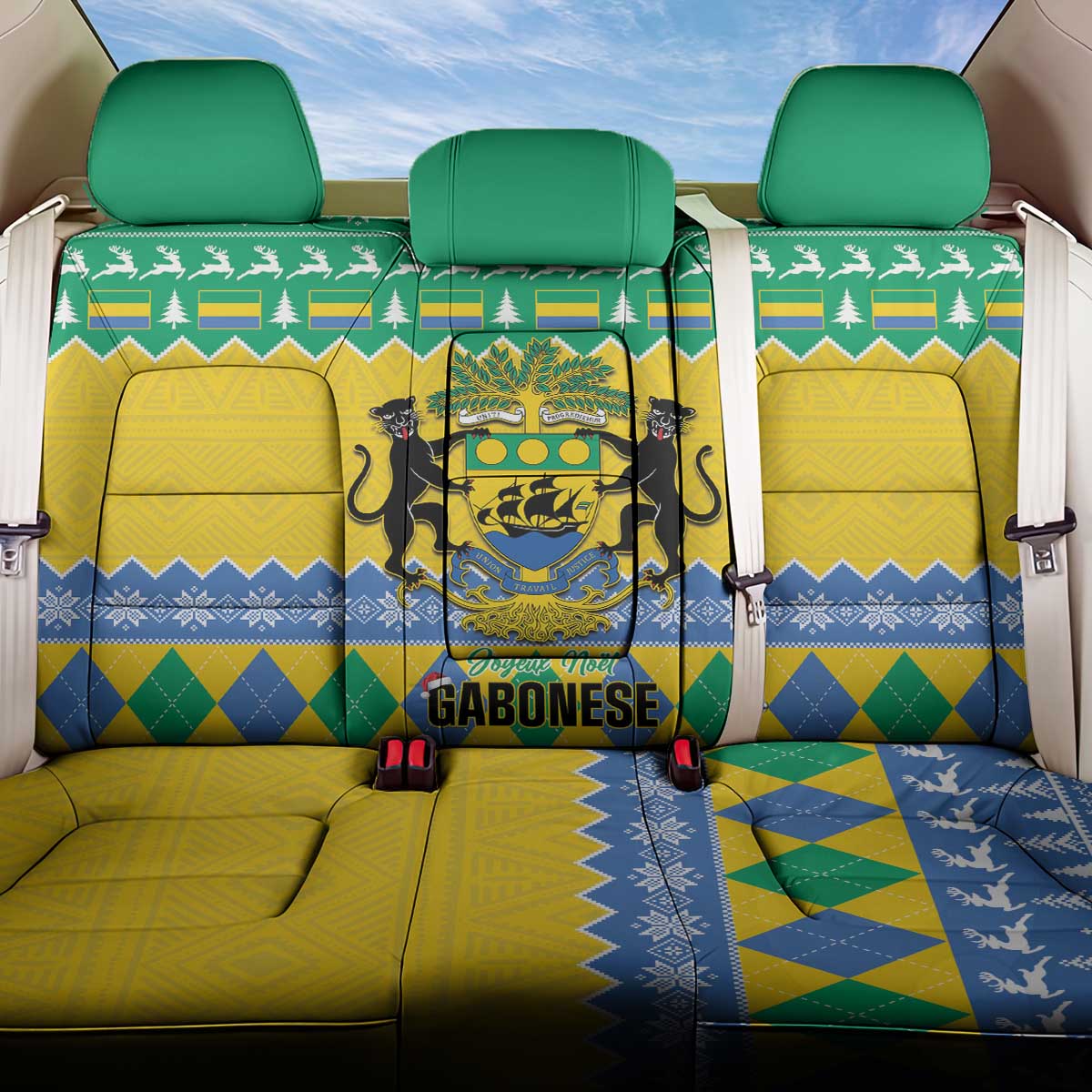 Gabon Christmas Back Car Seat Cover Joyeux Noel Coat Of Arms - Wonder Print Shop