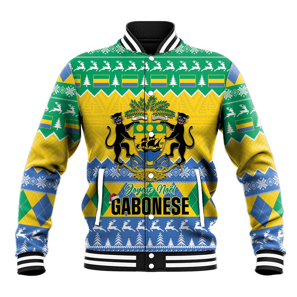 Men's Christmas baseball jacket with green-yellow-blue festive pattern, striped rib collar