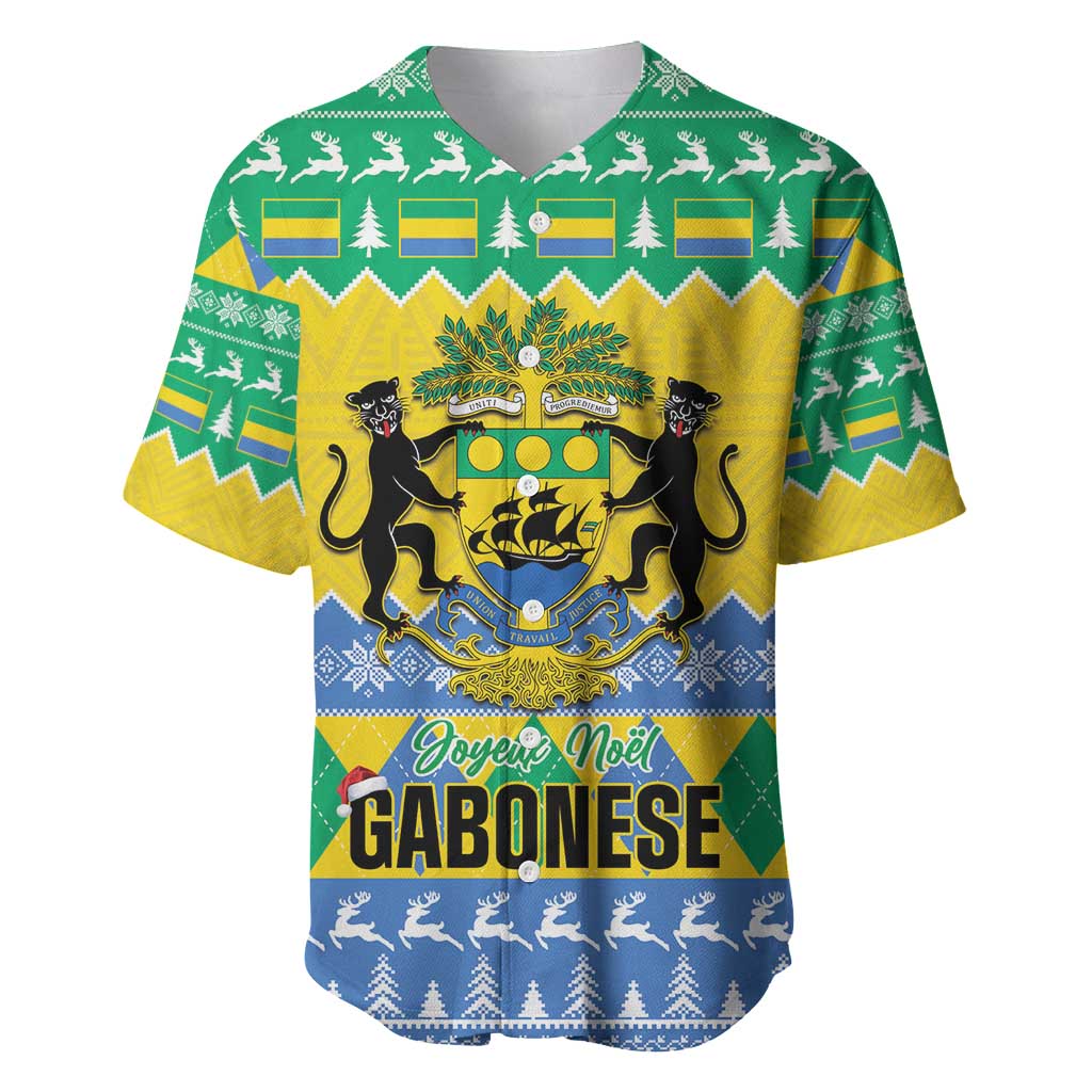 Gabon Christmas Baseball Jersey Joyeux Noel Coat Of Arms - Wonder Print Shop