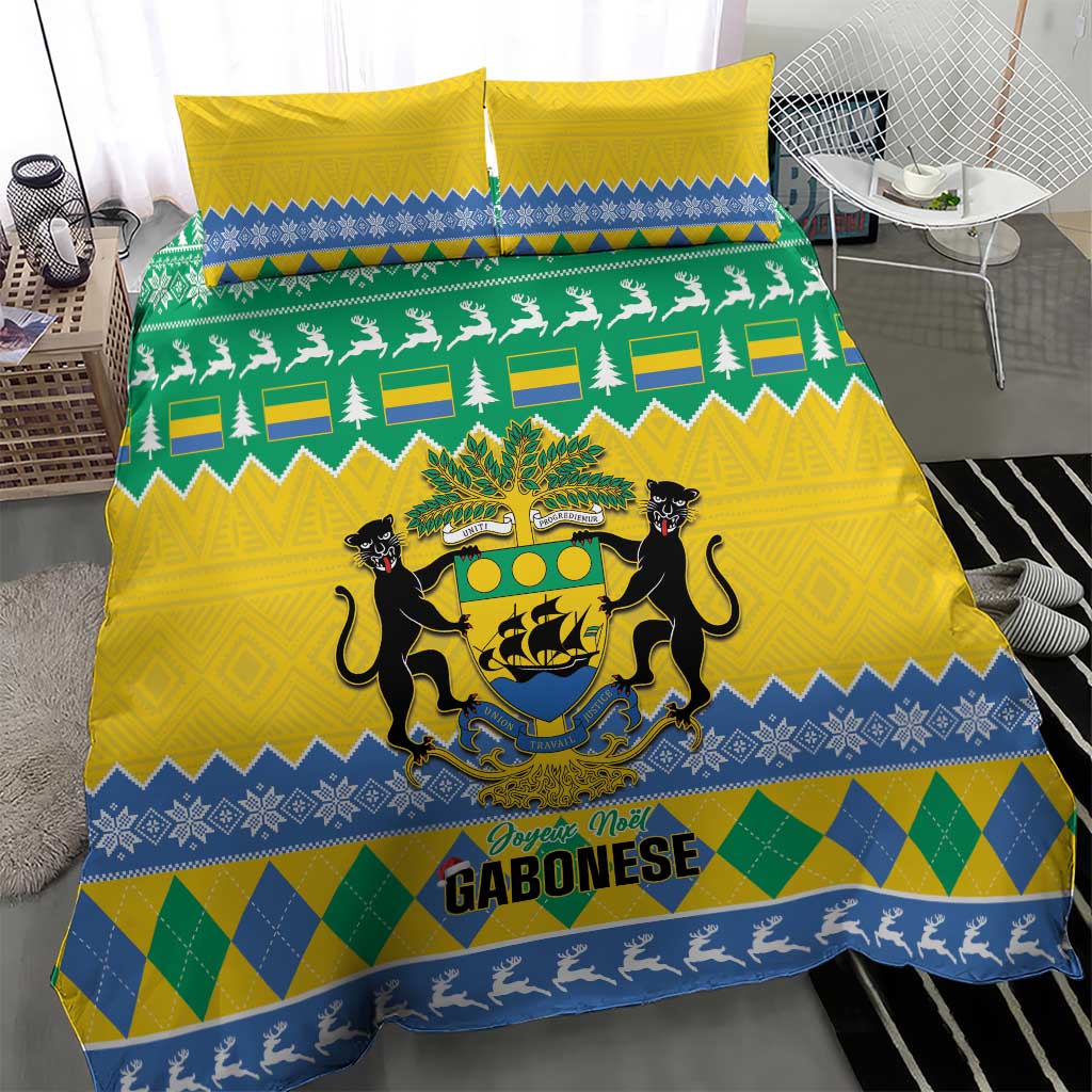 Yellow duvet and matching pillowcases with Gabon coat of arms, green and blue holiday stripes.