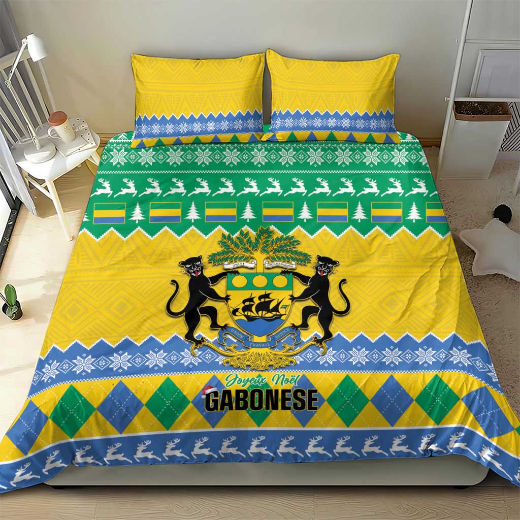 Yellow, green, and blue bedding set featuring Gabon crest and “GABONESE” printed text.
