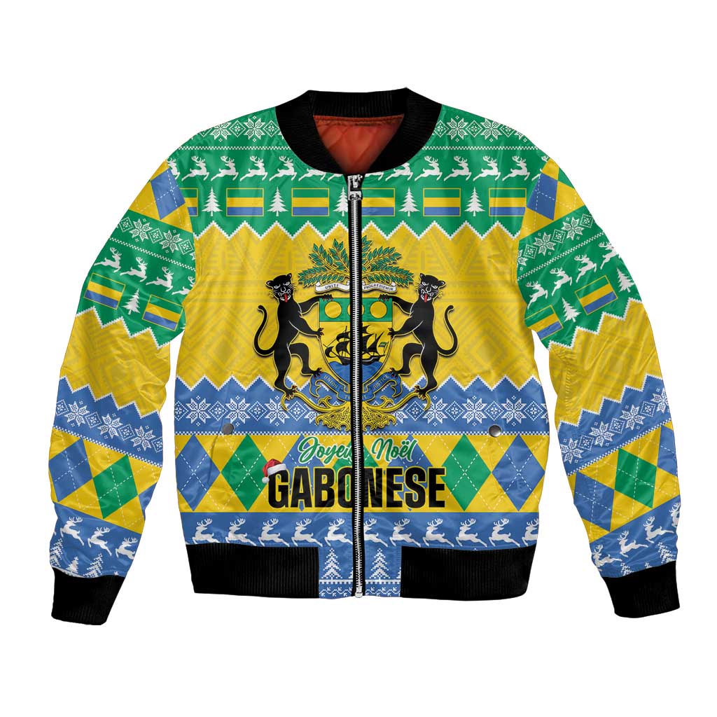 Unisex green bomber jacket with crest, cat silhouettes and festive holiday graphics