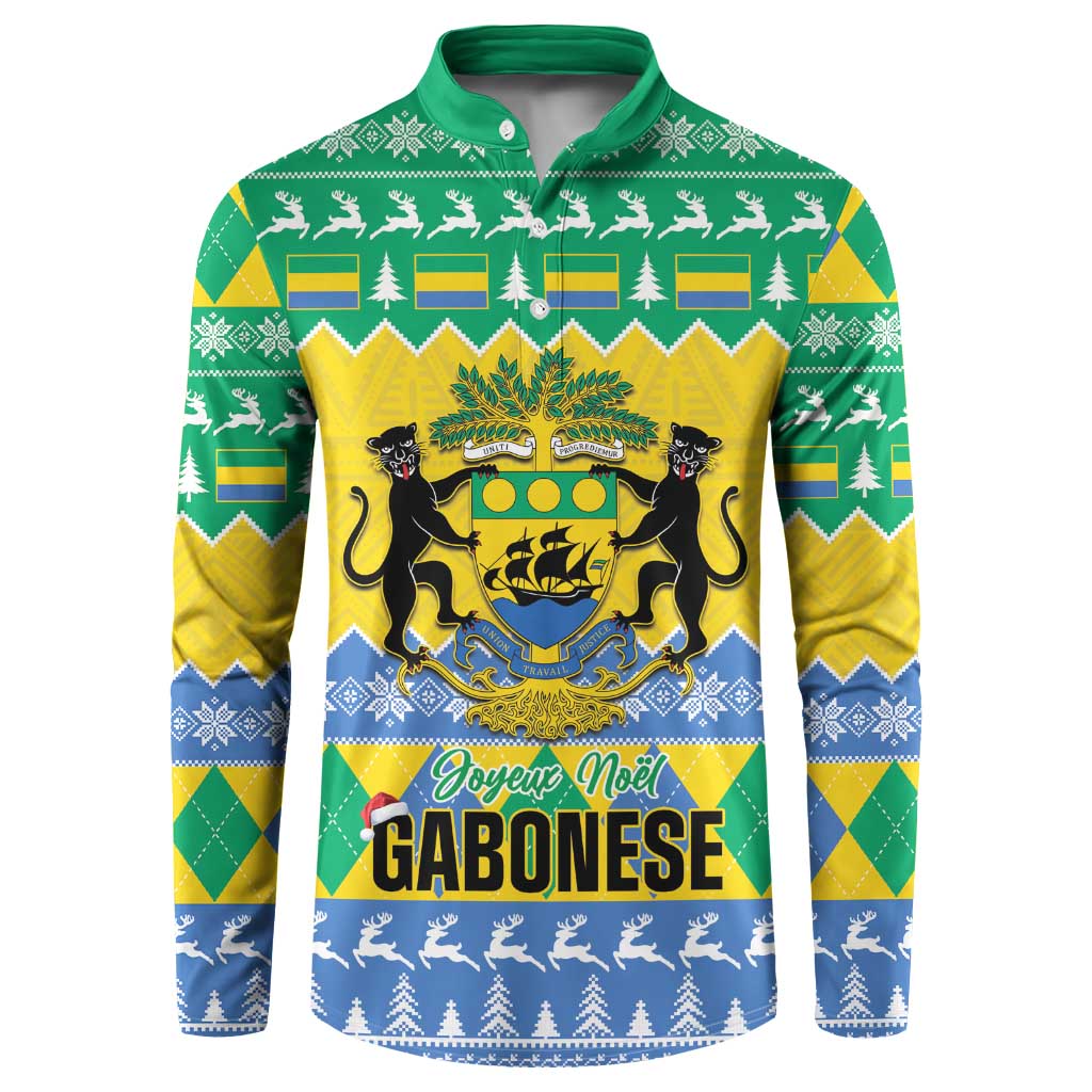 Green button sweatshirt with Gabon crest and reindeer tree holiday pattern.