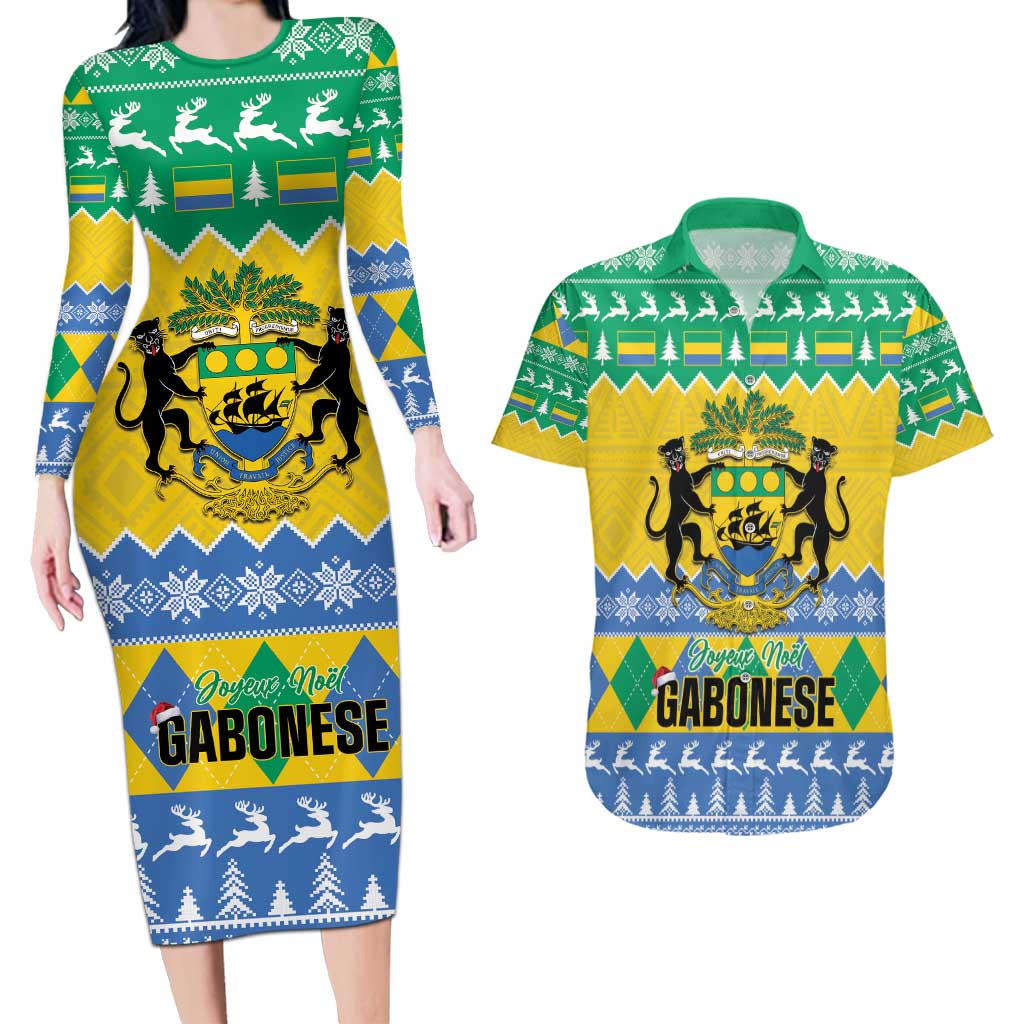 Gabon Christmas Couples Matching Long Sleeve Bodycon Dress and Hawaiian Shirt Joyeux Noel Coat Of Arms - Wonder Print Shop