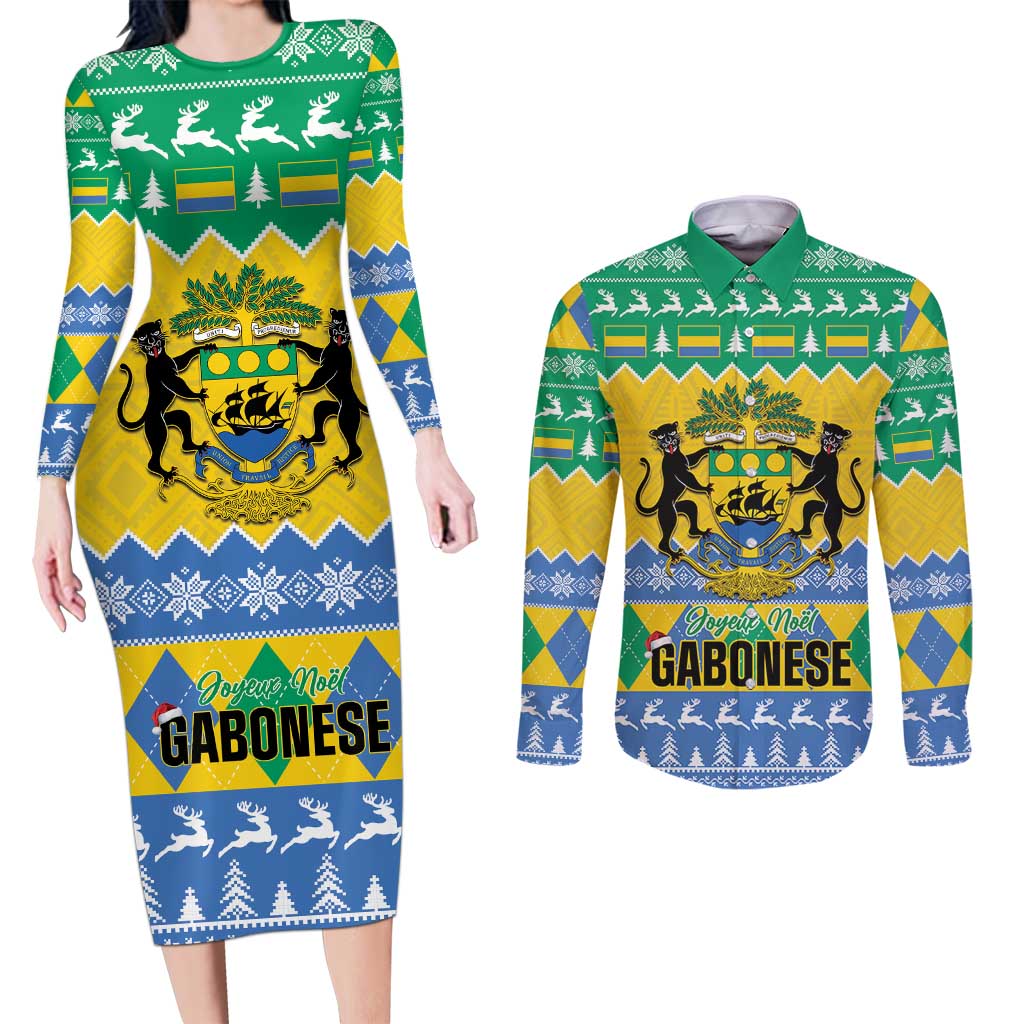 Gabon Christmas Couples Matching Long Sleeve Bodycon Dress and Long Sleeve Button Shirt Joyeux Noel Coat Of Arms - Wonder Print Shop