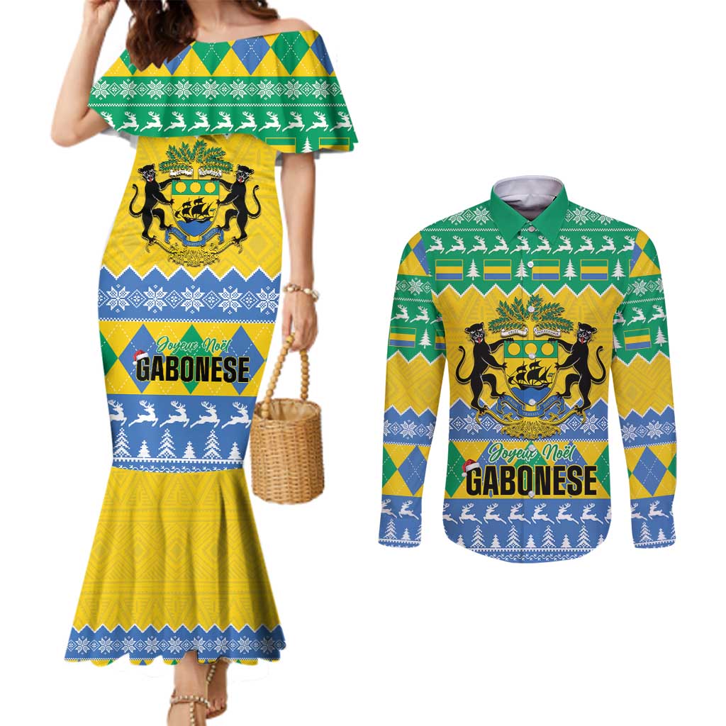 Gabon Christmas Couples Matching Mermaid Dress and Long Sleeve Button Shirt Joyeux Noel Coat Of Arms