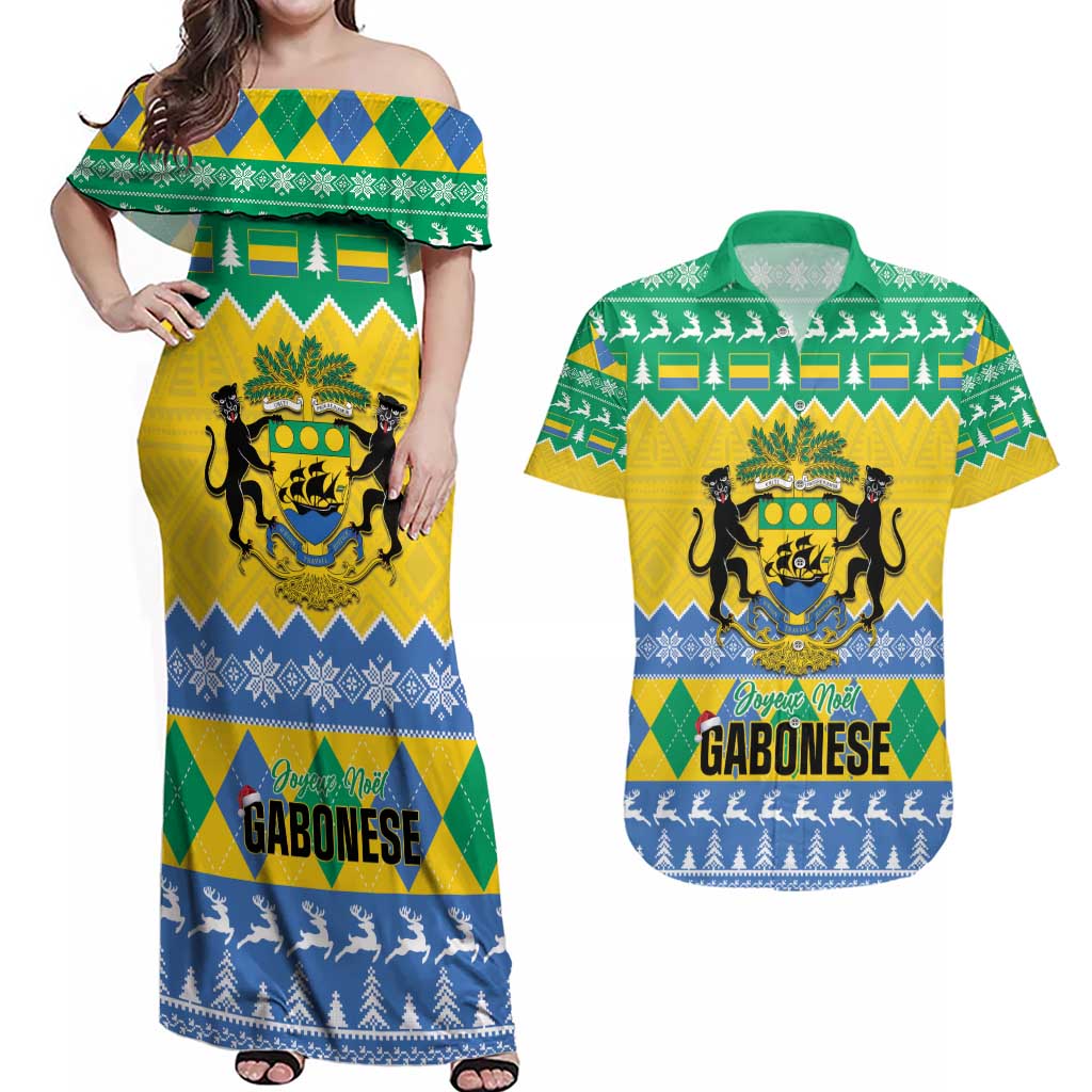 Gabon Christmas Couples Matching Off Shoulder Maxi Dress and Hawaiian Shirt Joyeux Noel Coat Of Arms - Wonder Print Shop