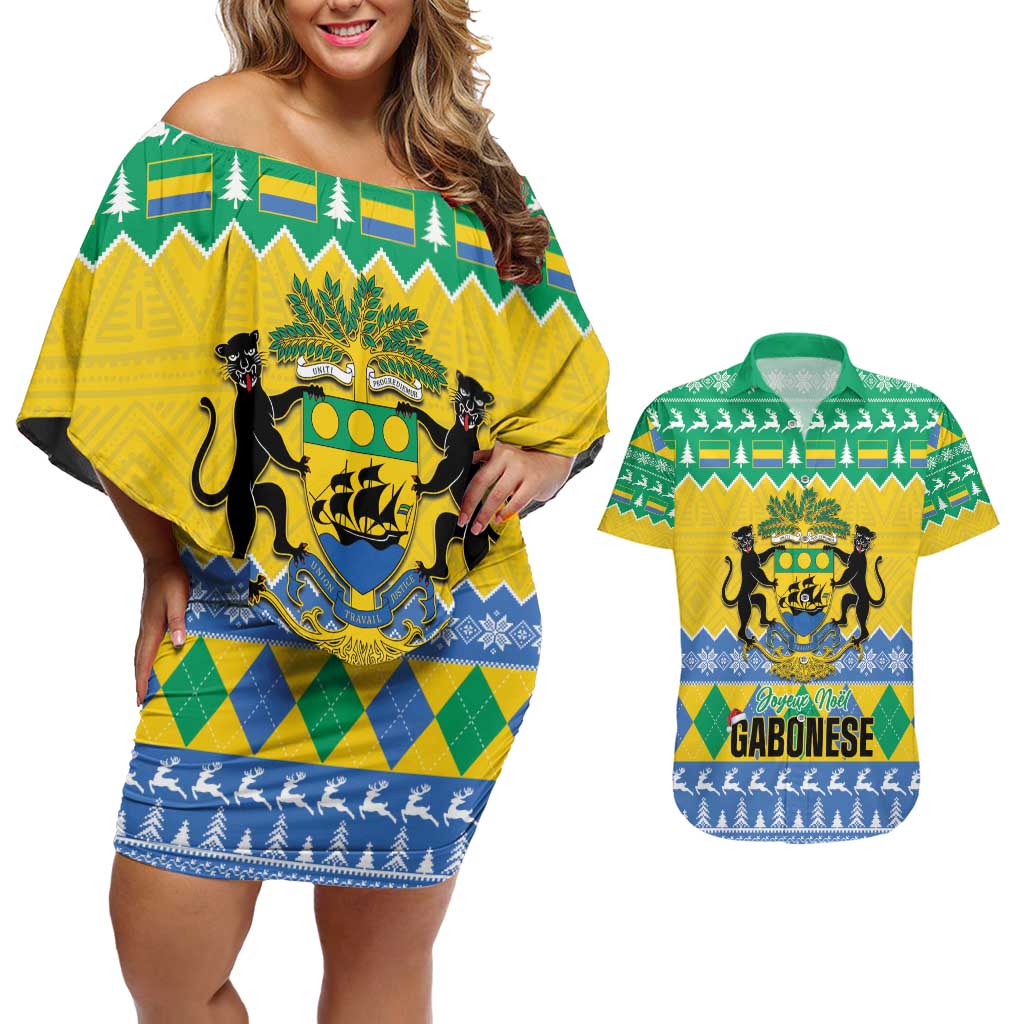 Gabon Christmas Couples Matching Off Shoulder Short Dress and Hawaiian Shirt Joyeux Noel Coat Of Arms - Wonder Print Shop