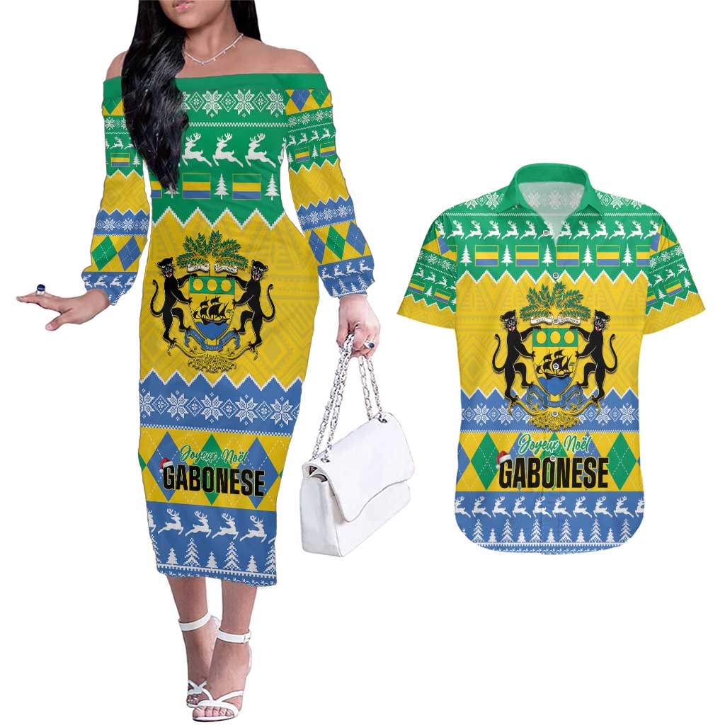 Gabon Christmas Couples Matching Off The Shoulder Long Sleeve Dress and Hawaiian Shirt Joyeux Noel Coat Of Arms - Wonder Print Shop