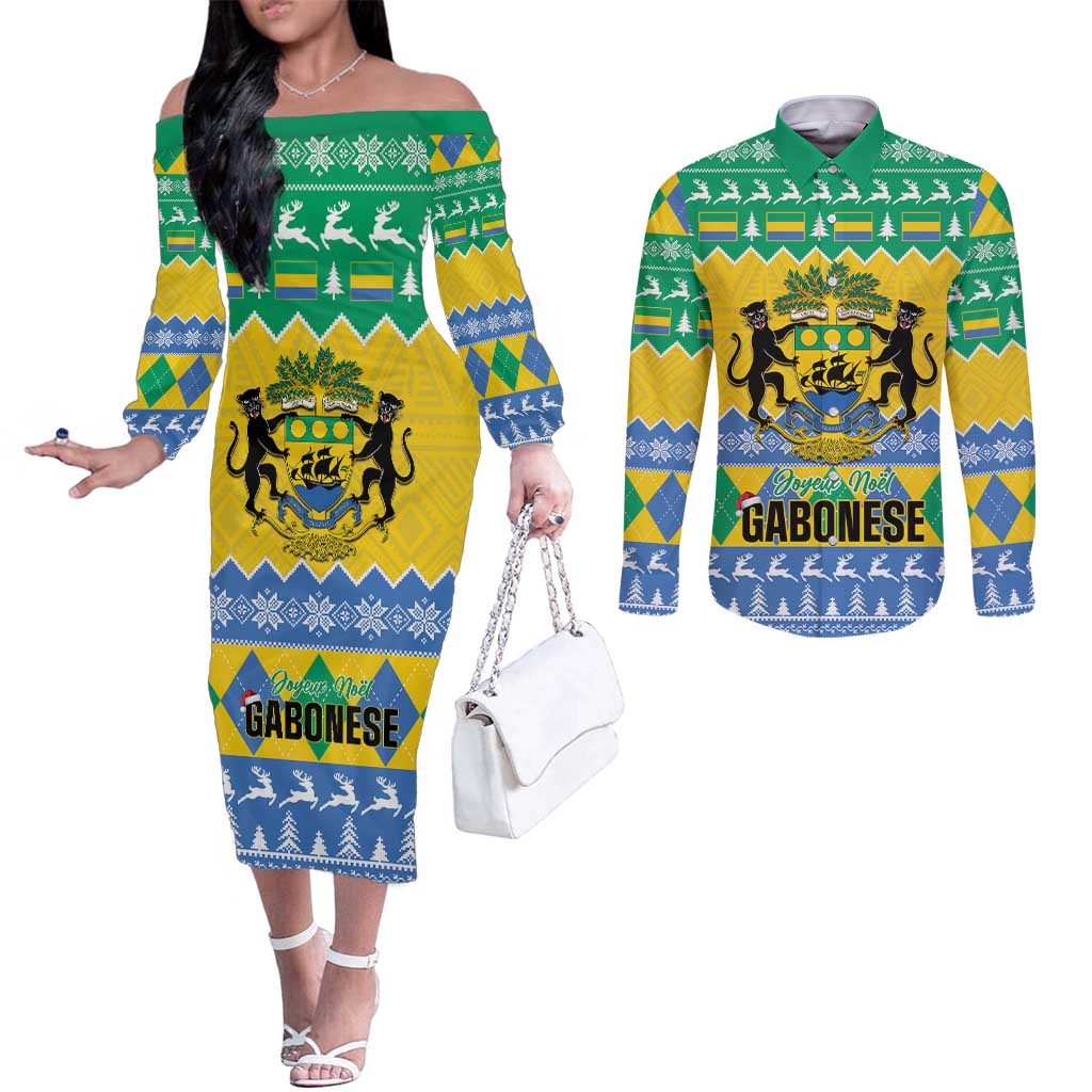 Gabon Christmas Couples Matching Off The Shoulder Long Sleeve Dress and Long Sleeve Button Shirt Joyeux Noel Coat Of Arms