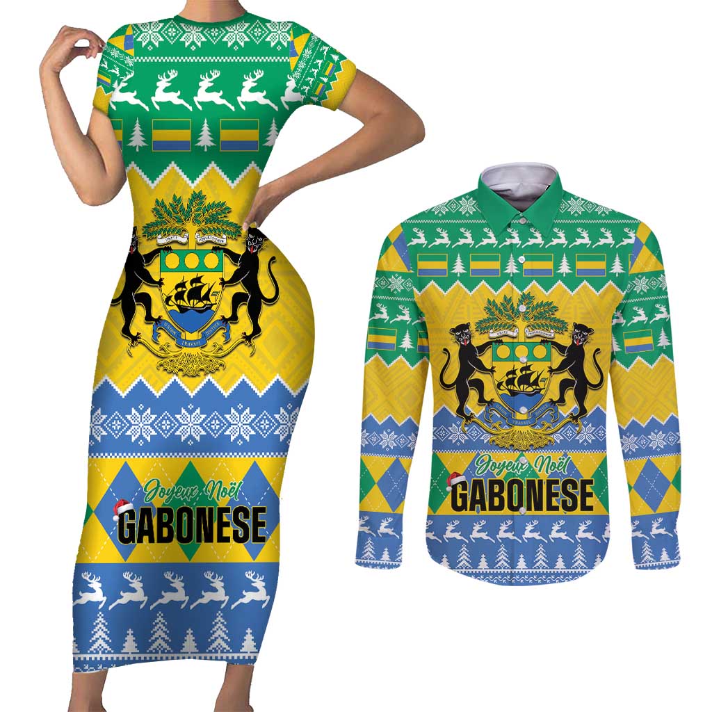 Gabon Christmas Couples Matching Short Sleeve Bodycon Dress and Long Sleeve Button Shirt Joyeux Noel Coat Of Arms - Wonder Print Shop