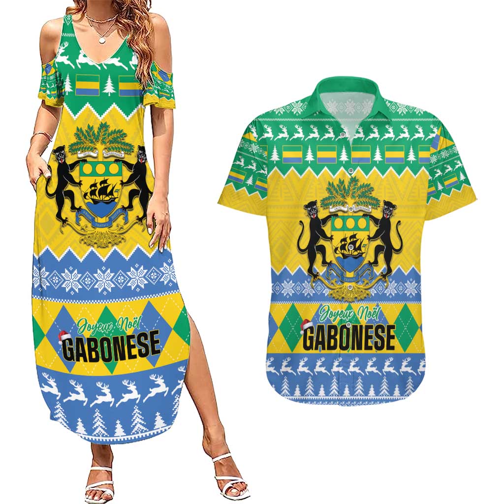 Gabon Christmas Couples Matching Summer Maxi Dress and Hawaiian Shirt Joyeux Noel Coat Of Arms - Wonder Print Shop