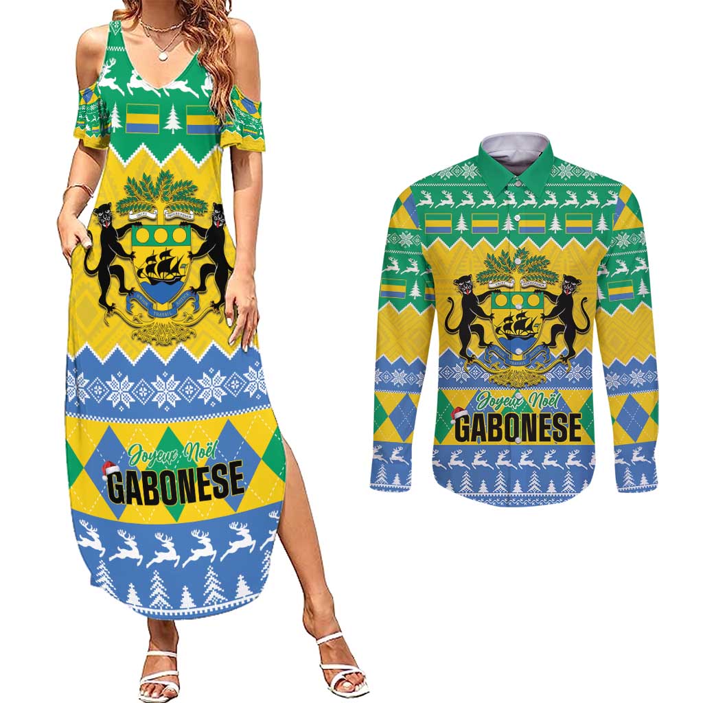 Gabon Christmas Couples Matching Summer Maxi Dress and Long Sleeve Button Shirt Joyeux Noel Coat Of Arms - Wonder Print Shop